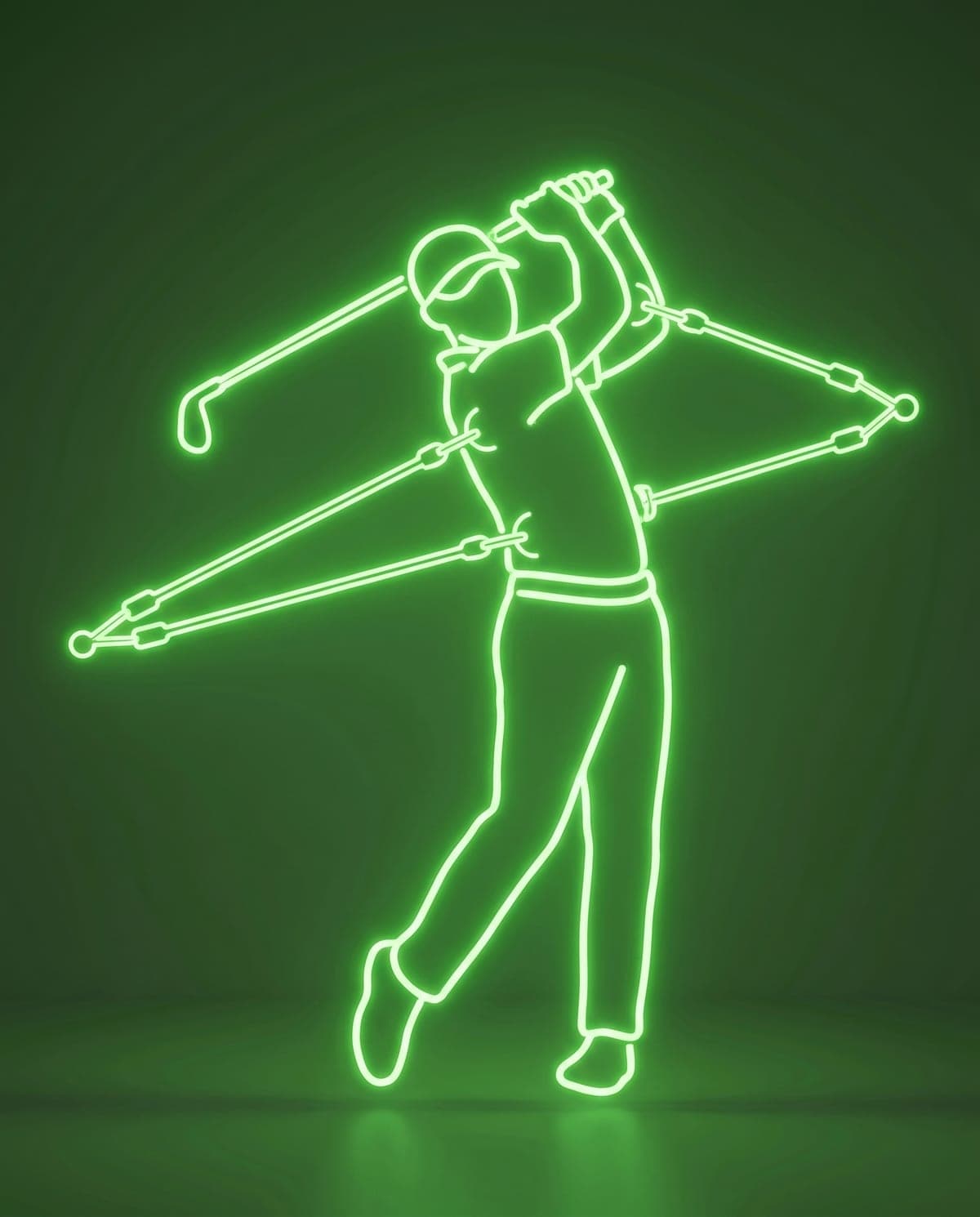 A neon-green figure showing correct posture against the resistance of the apparatus.