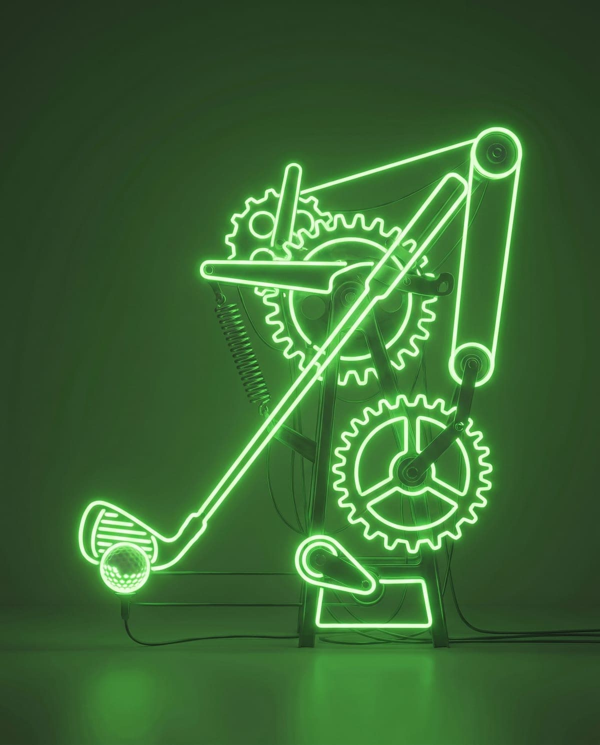 A neon-green rendering of the Swing Path Pro apparatus - pure mechanical form, no electronics.